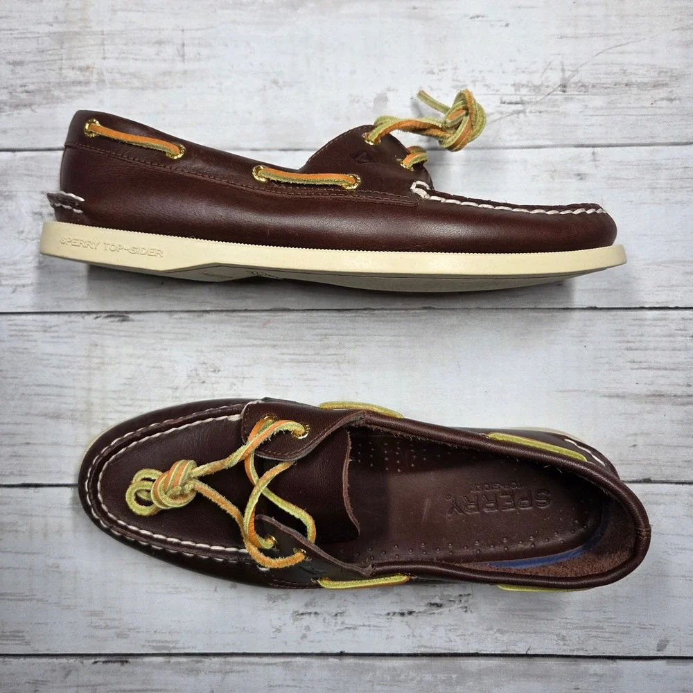 Sperry Authentic Original Boat Shoe Women 8.5 Brown Leather Yellow Orange Laces